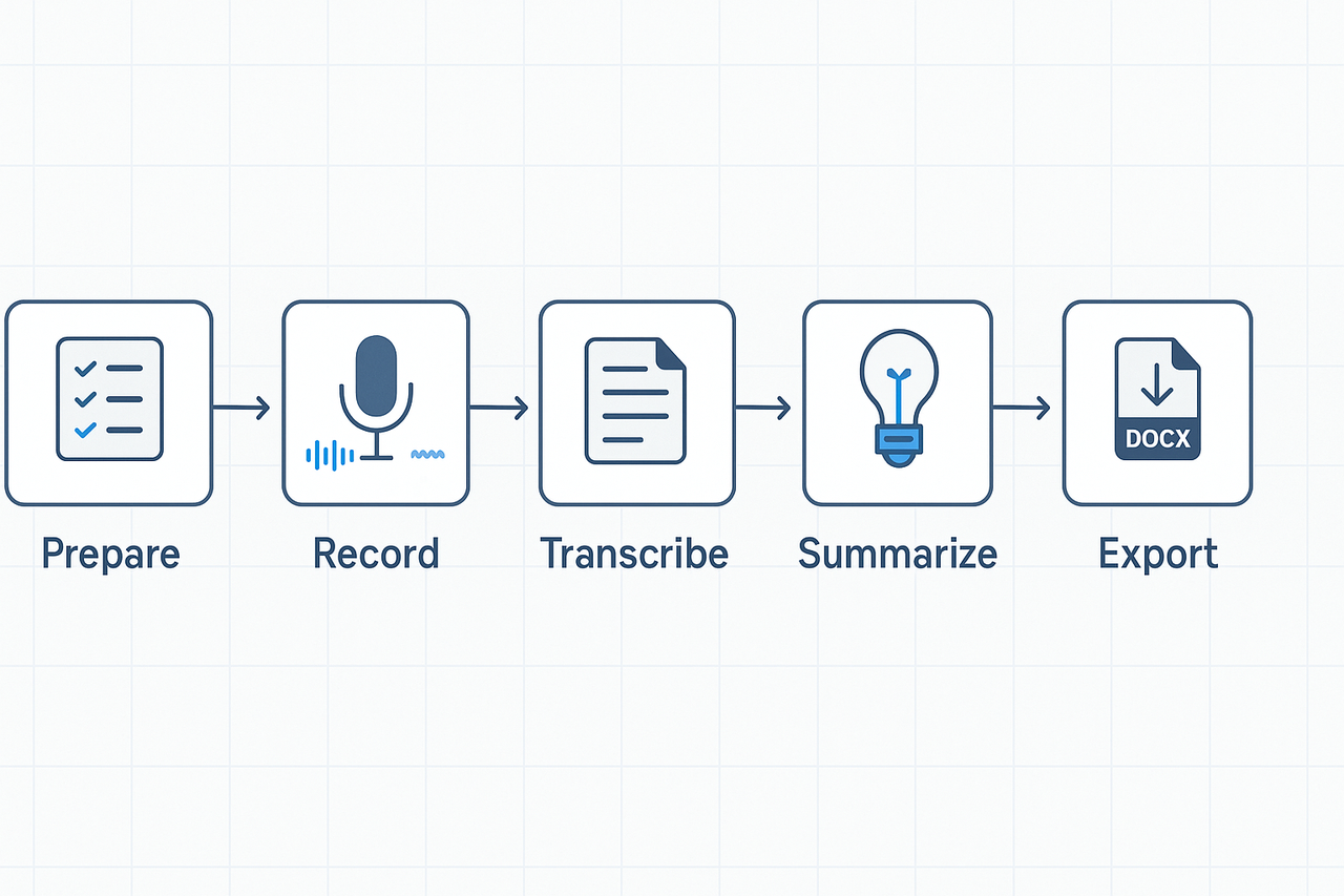 Workflow diagram showing Prepare → Record (with waveform) → Transcribe → Summarize → Export (DOCX)