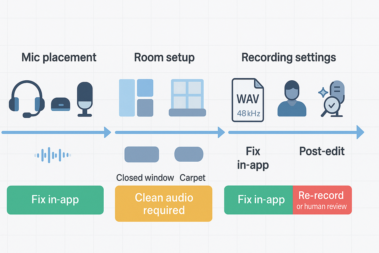 Flow diagram showing mic placement, room setup, recording settings, and post-edit steps for meeting transcript troubleshooting.