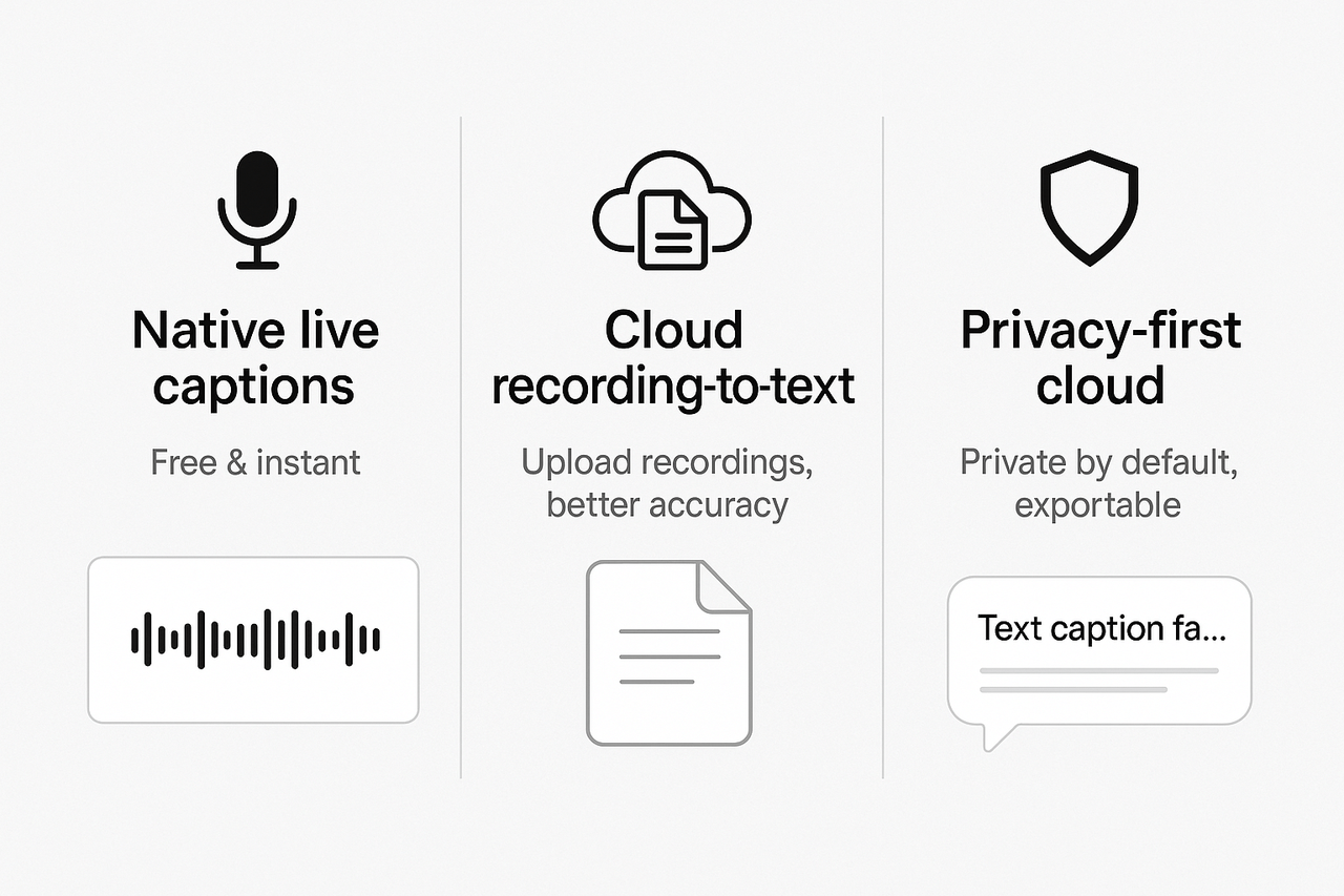 Infographic with three quick paths for meeting transcription: native live captions, cloud recording-to-text, and a privacy-first cloud option, each with a one-line benefit.