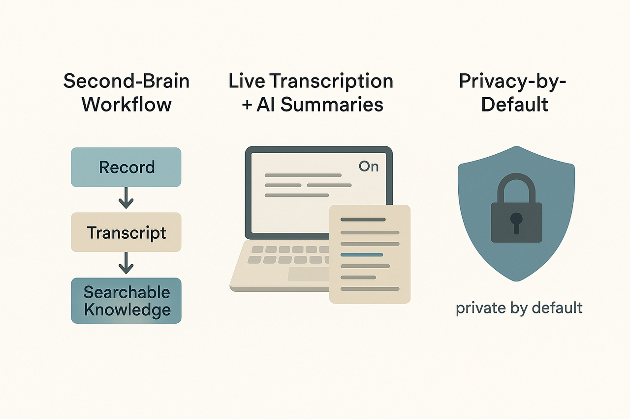 Infographic showing pipeline from recording to searchable knowledge, live transcription with AI summary, and a privacy shield indicating private by default.