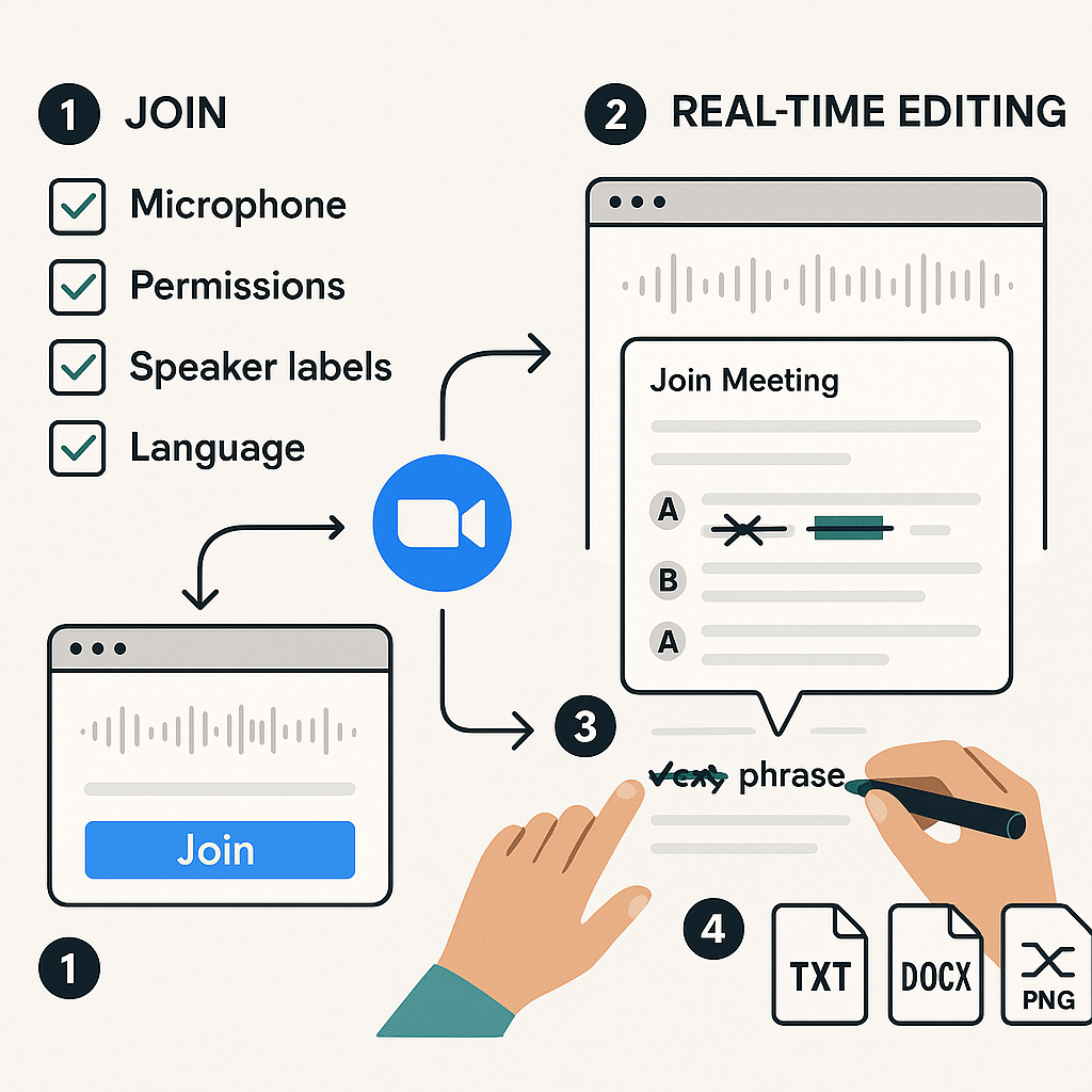Step-by-step visual showing checklist pre-meeting, join flow with Zoom and transcription tool, live real-time editing, and exporting to various formats with waveform thumbnails.