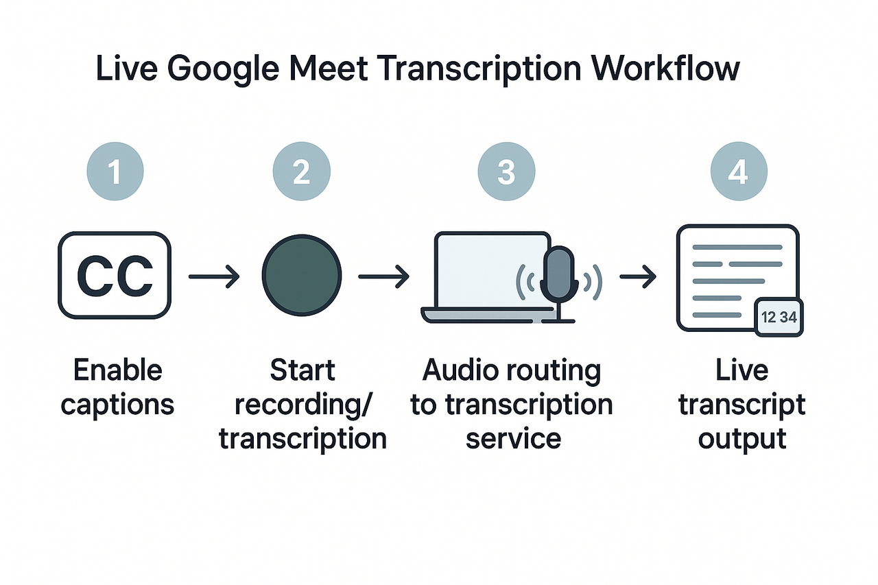 Schematic workflow: enable captions, start recording/transcription, route audio to transcription service, and view live transcript output in a scrolling window.