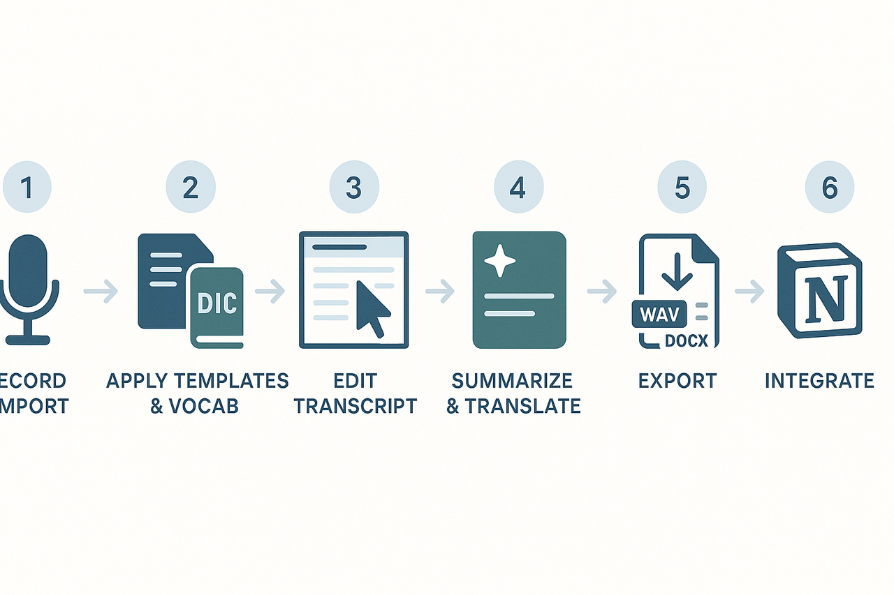 A six-step visual workflow from recording and importing audio, applying templates and vocabulary, editing the transcript, summarizing and translating, exporting files, to integrating with platforms like Notion and Slack.