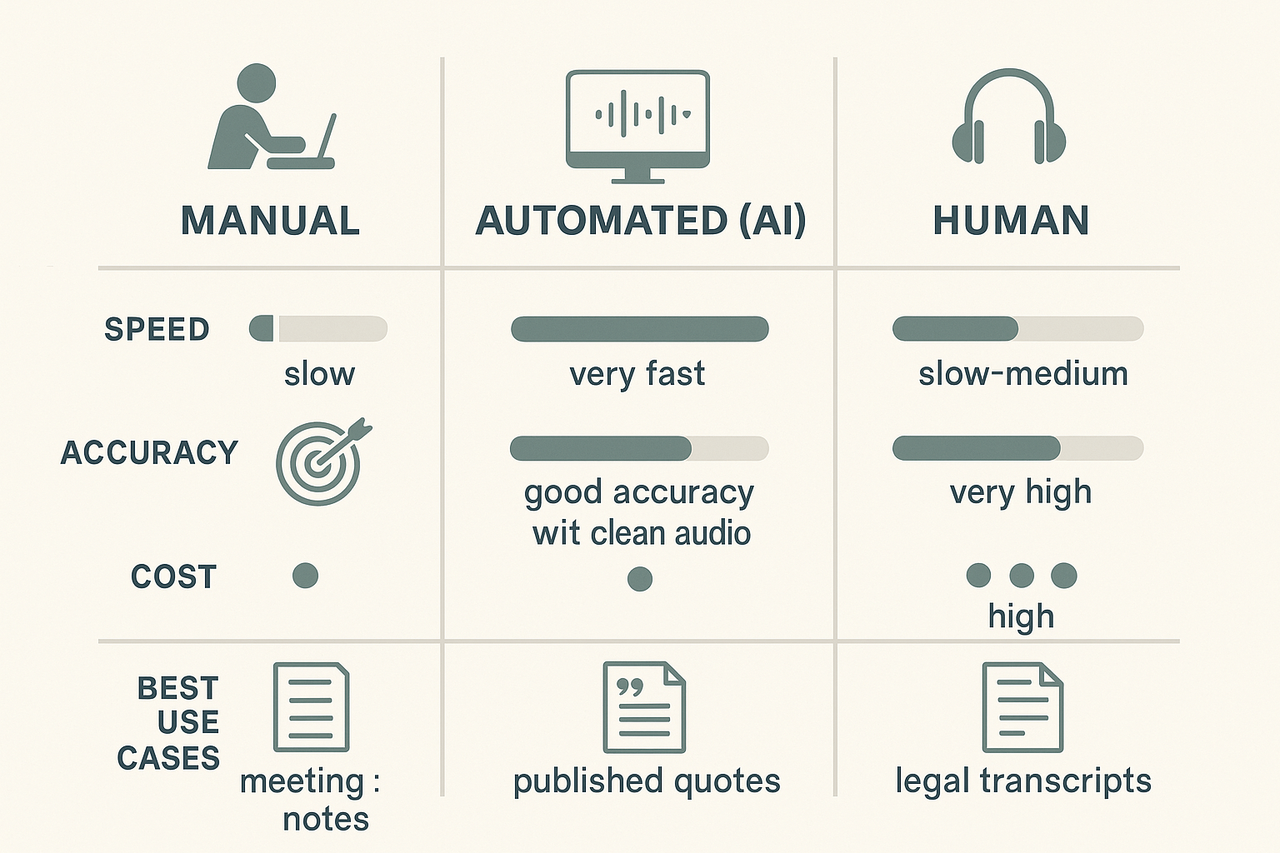 Infographic comparing Manual, Automated (AI), and Human transcription by speed, accuracy, cost, and best use cases.