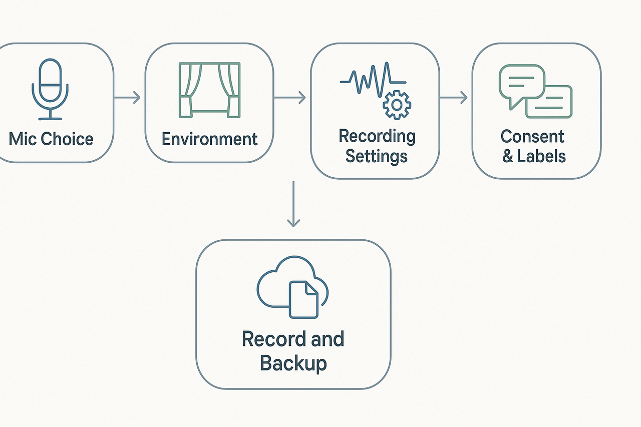 Step-by-step schematic showing mic, environment, recording settings, consent and labels flowing into recording and backup
