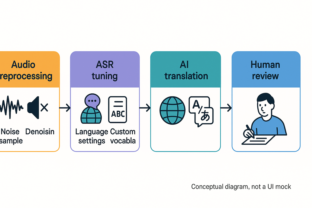 Workflow diagram showing audio preprocessing, ASR tuning, AI translation, and human review, labeled and connected by arrows; includes note that diagram is conceptual.
