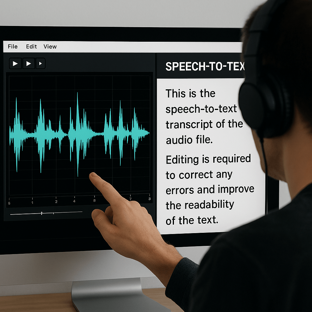 Person editing an audio waveform and transcript text on a computer screen.