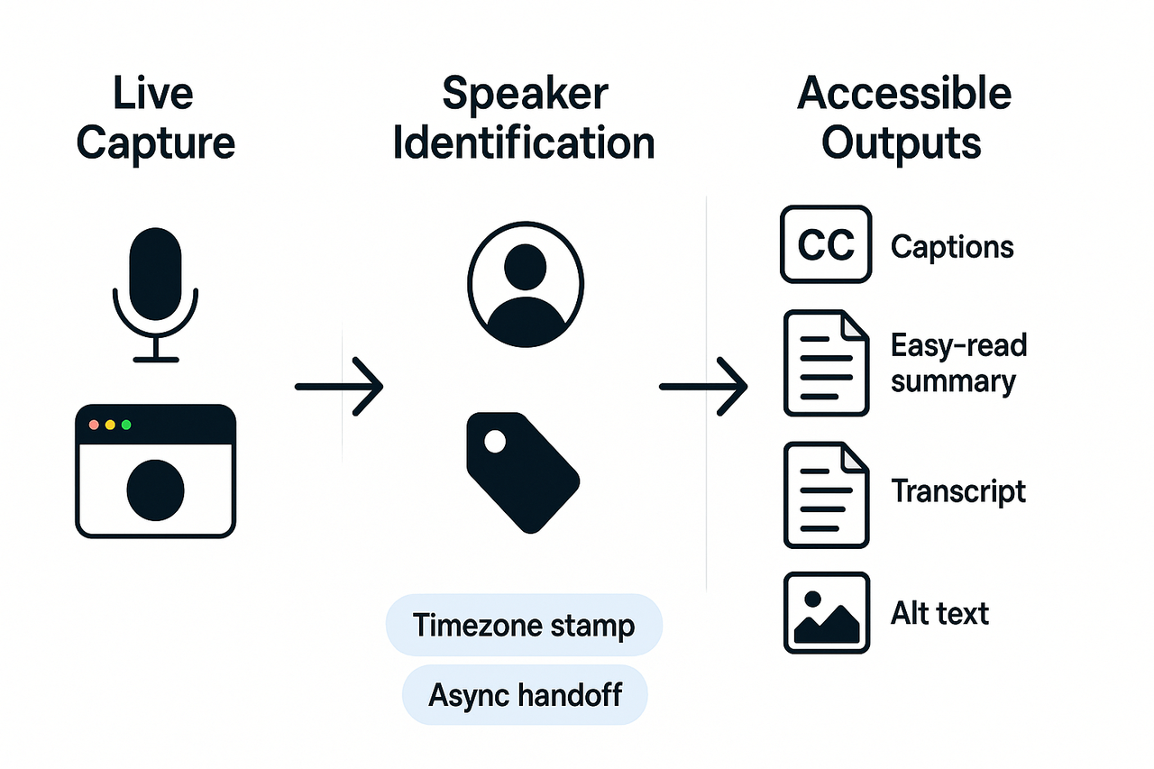 Workflow diagram showing live transcription flowing into speaker identification then into accessible outputs: captions, easy-read summary, transcript, and alt text, with timezone and async handoff badges.