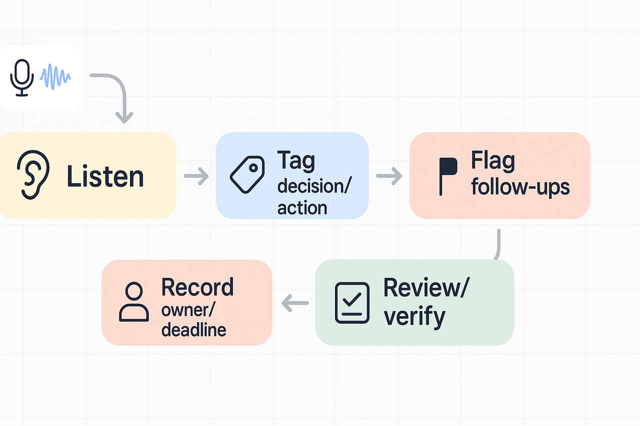 Schematic workflow: listen, tag decision/action, record owner/deadline, flag follow-ups, review, with a small waveform icon representing live audio capture.