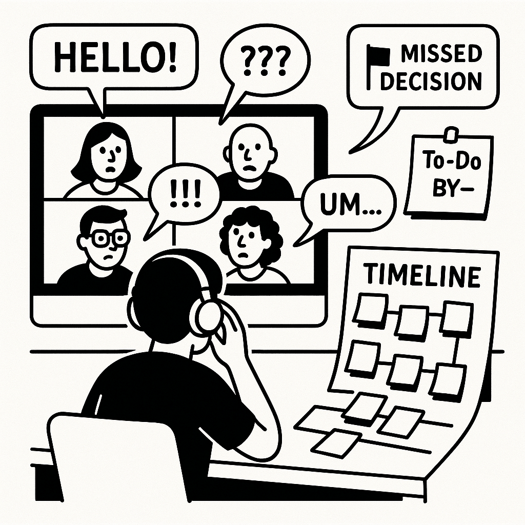 Illustration of a person distilling chaotic meeting conversations into clear notes on their laptop.