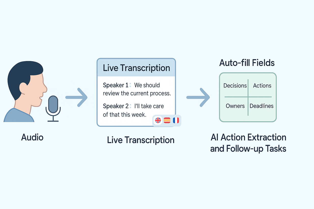 Workflow diagram: audio recording flows to live transcription, then auto-filled template fields, then AI action extraction and follow-up tasks.