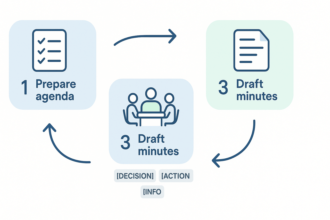 Four-step schematic: Prepare agenda, Run meeting, Draft minutes, Convert to tasks, in a clean 16:9 infographic