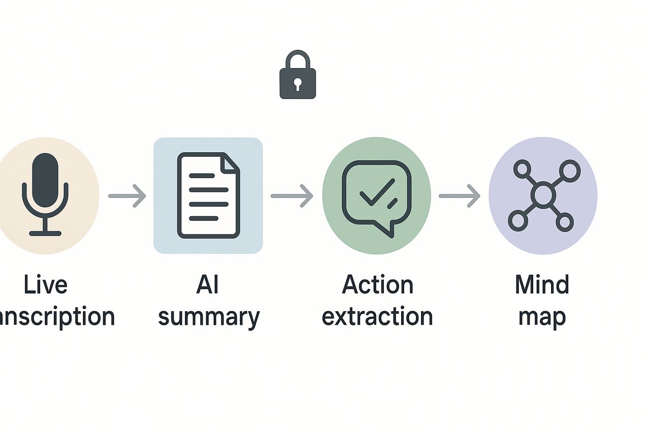 Workflow diagram showing live transcription to AI summary to action extraction via Shadow chat to auto-generated mind map, with a lock icon indicating privacy.