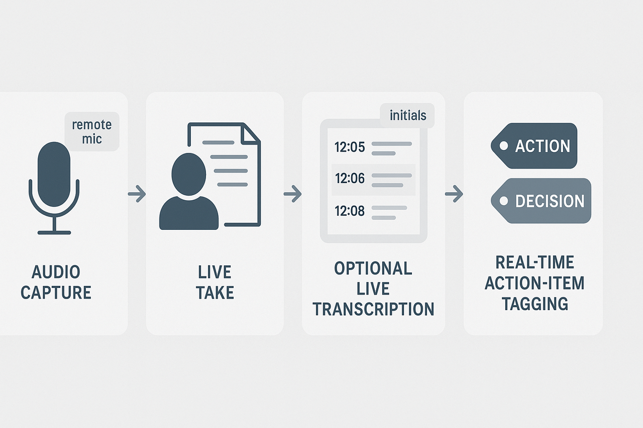 Process schematic showing audio capture to live notes, optional live transcription, and real-time action-item tagging in a hybrid meeting setup.