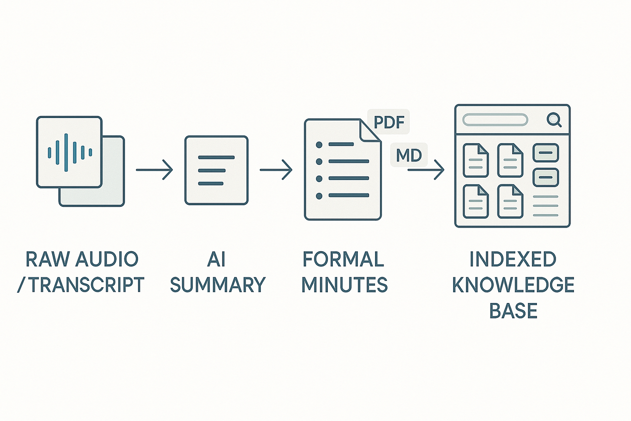 Pipeline diagram: raw audio/transcript → 3-line AI summary → formal minutes (with action items) → indexed searchable knowledge base, showing exports DOCX PDF MD.