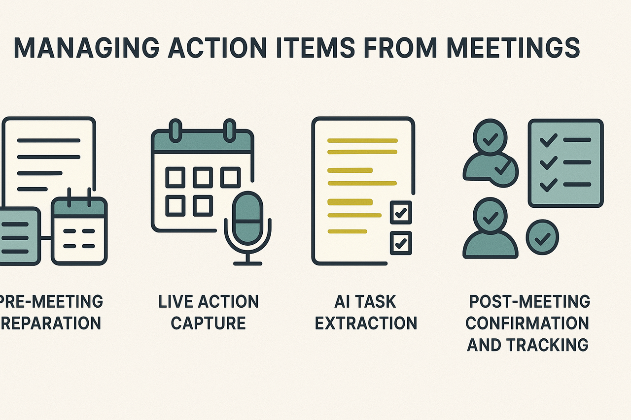 Infographic showing four steps for managing meeting action items: preparation, live capture, AI extraction, and confirmation with tracking.