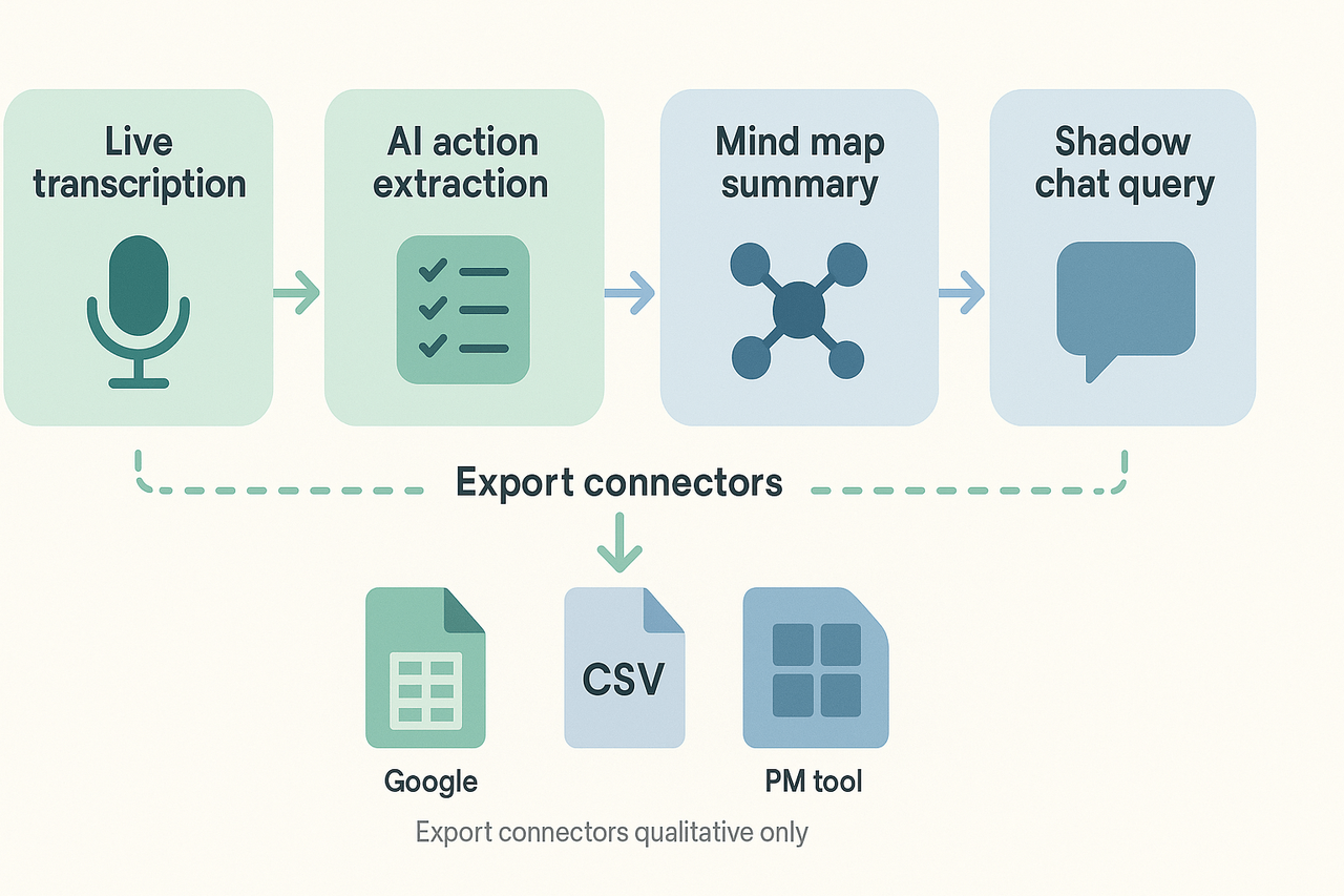 Visual diagram showing workflow from live transcription to AI action extraction, then mind map summary and Shadow chat query, with connected export targets like Google Sheets and CSV.
