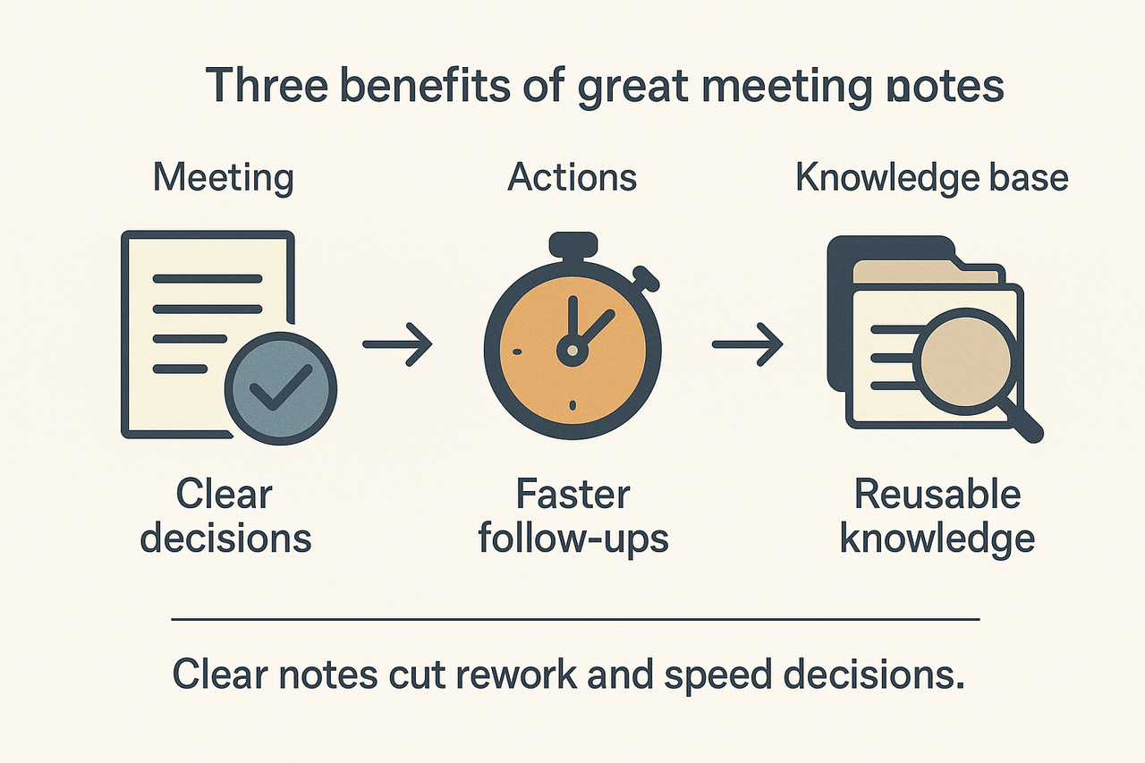 Infographic showing three benefits of good meeting notes: clear decisions, faster follow-ups, and reusable knowledge in a 4:3 layout.