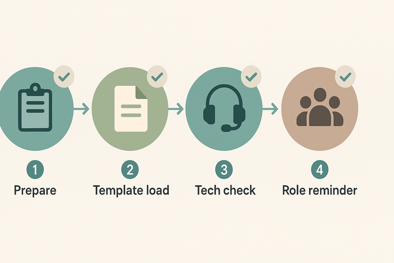 Step-by-step schematic: 1 Prepare, 2 Template load, 3 Tech check, 4 Role reminder, with arrows and icons.