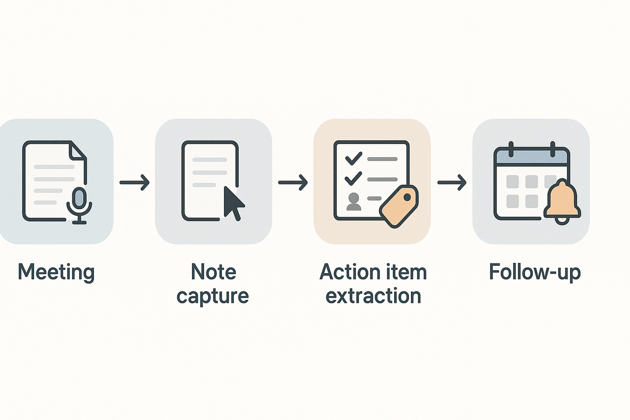 Flowchart showing meeting, note capture, action extraction, and follow-up with distinct icons and arrows.