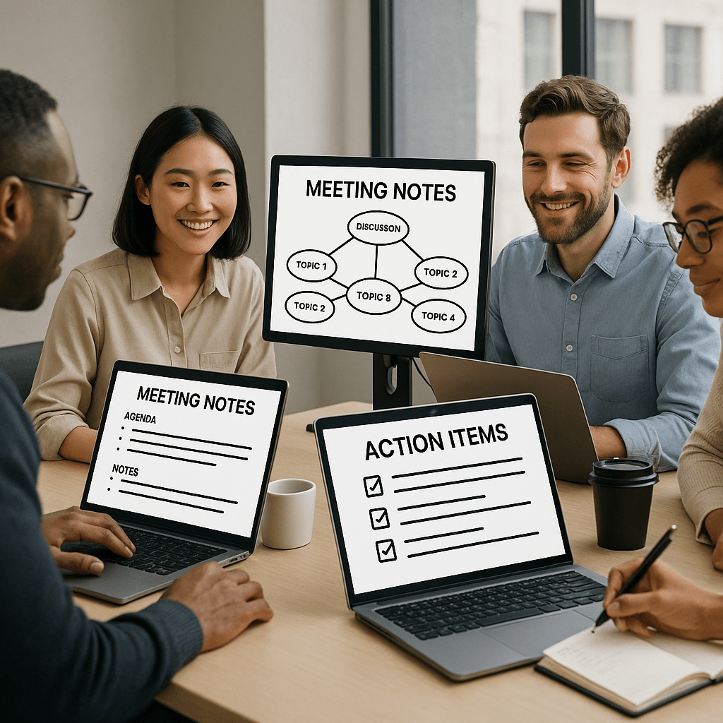 Team using TicNote Cloud to transcribe and summarize meeting notes with visual aids and templates.