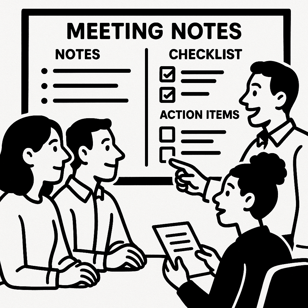 Team reviewing structured meeting notes on a screen with visible checklists and outcomes.