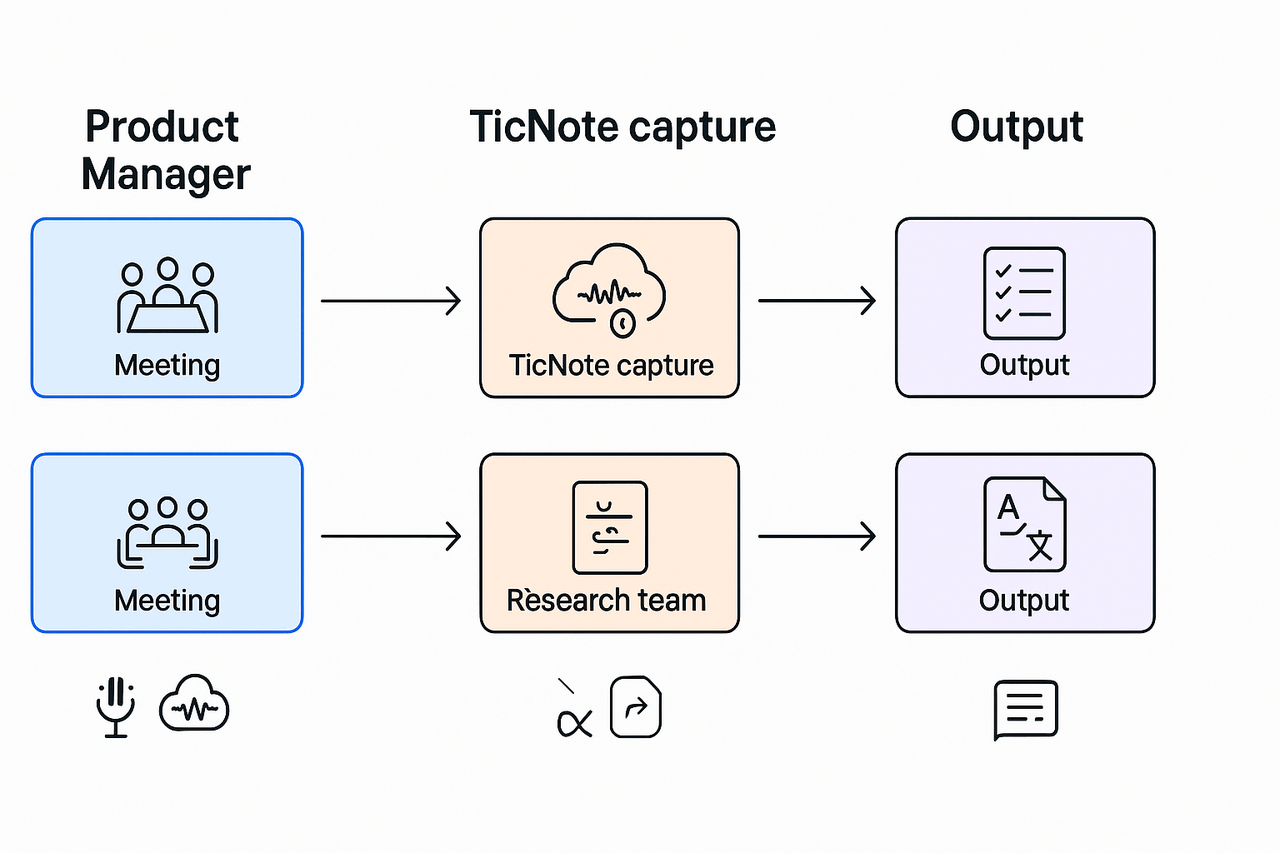 Flow diagram showing Meeting to TicNote capture to Output for Product Manager, Research Team, and Customer Success