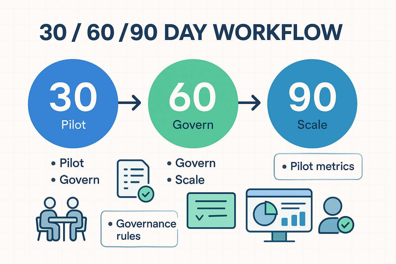 30/60/90 day implementation schematic showing pilot, governance, and scale phases with icons for meetings, templates, and metrics.