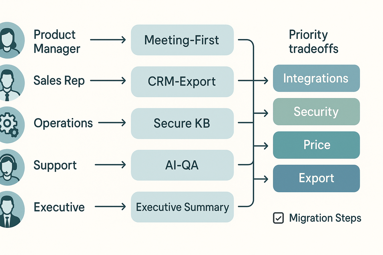 Flow diagram mapping roles (PM, Sales, Ops, Support, Executive) to recommended KM tool archetypes with priority tradeoffs and a migration checklist