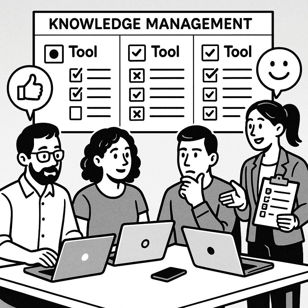 Team members using checklists and laptops to evaluate a new knowledge management platform in a modern office.