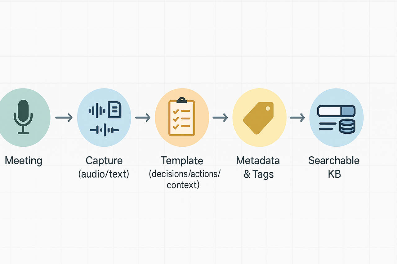 Workflow diagram: meeting to capture, template, metadata and tags, then searchable knowledge base.