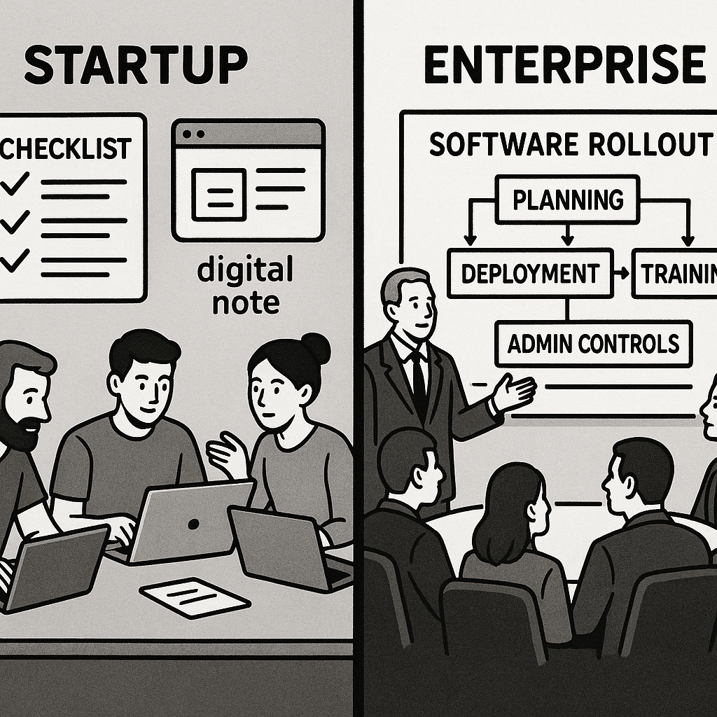 Contrasting onboarding: small team quickly adopting meeting-note tools vs. enterprise with phased implementation and admin policies.