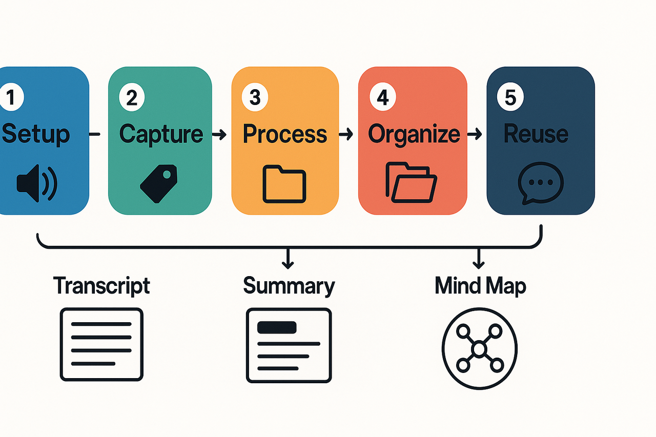 Workflow schematic with numbered nodes: Setup → Capture → Process → Organize → Reuse, showing transcript, summary, and mind map flows.
