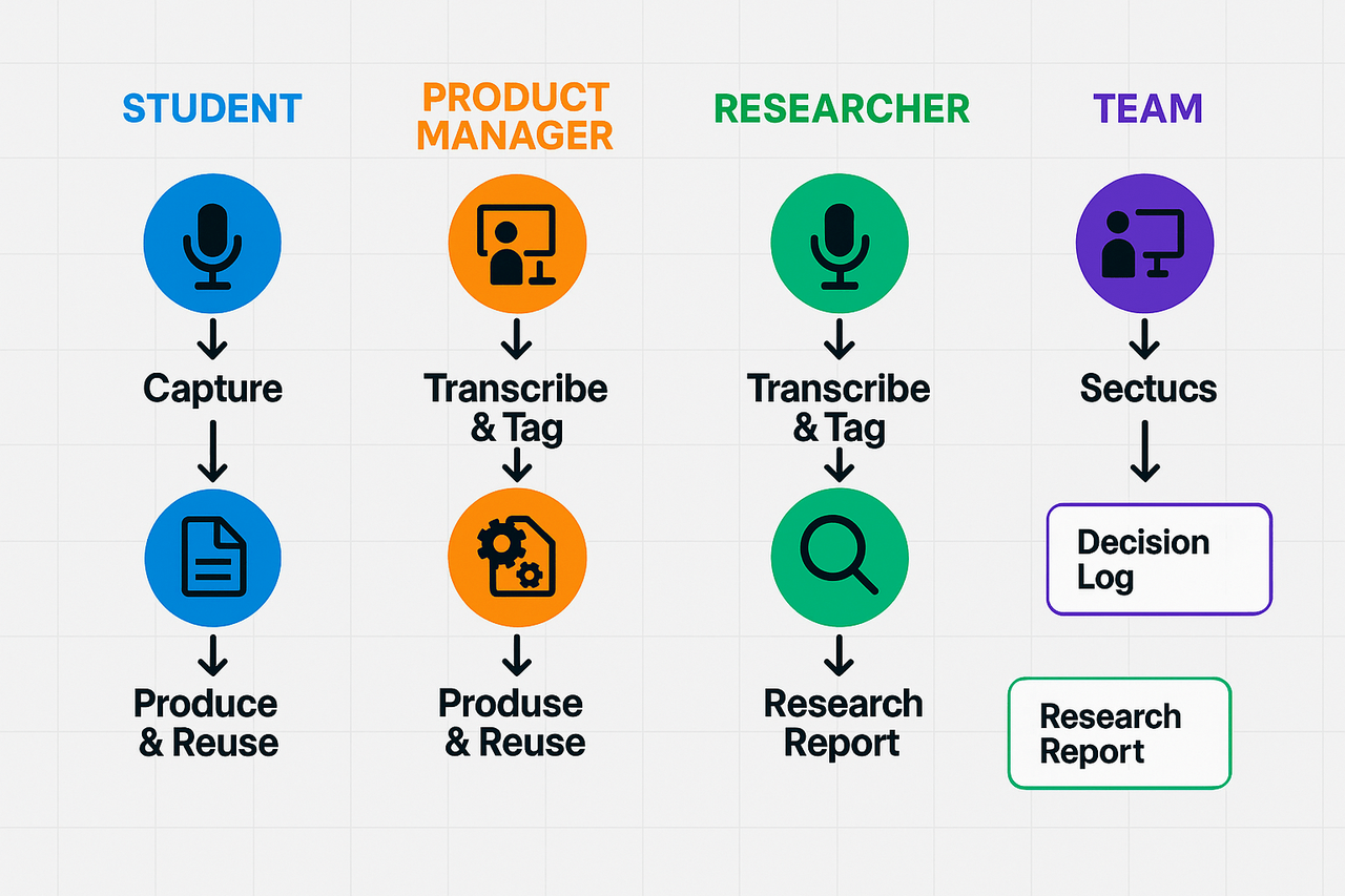 Infographic showing four distinct pipelines—Student, Product Manager, Researcher, Team—each progressing through three stages: capture, transcribe and tag, and produce and reuse. Visualized with icons and sample outputs like study outlines and research reports.