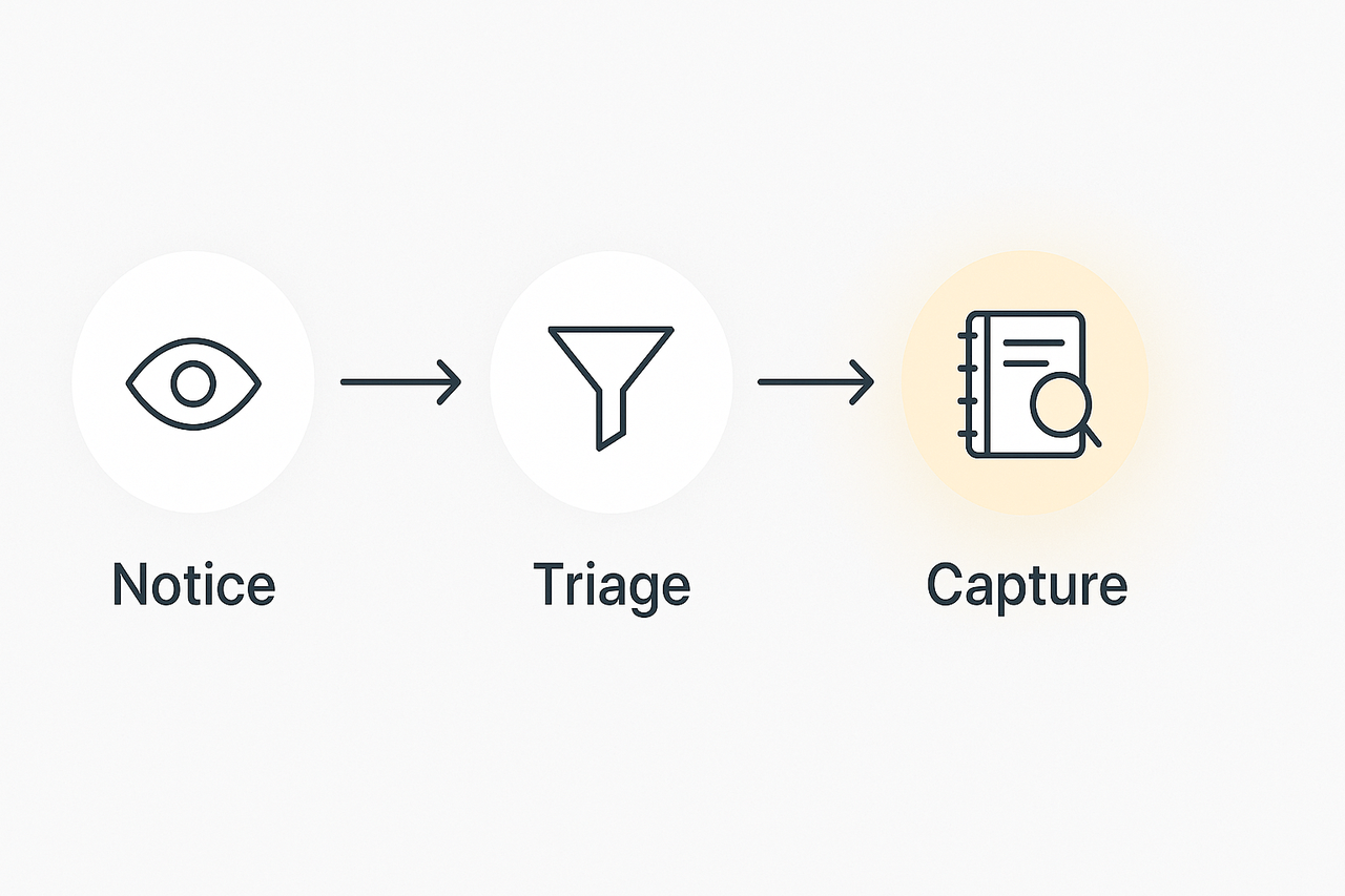 Three-node workflow diagram showing Notice, Triage, and Capture with the Capture node highlighted.