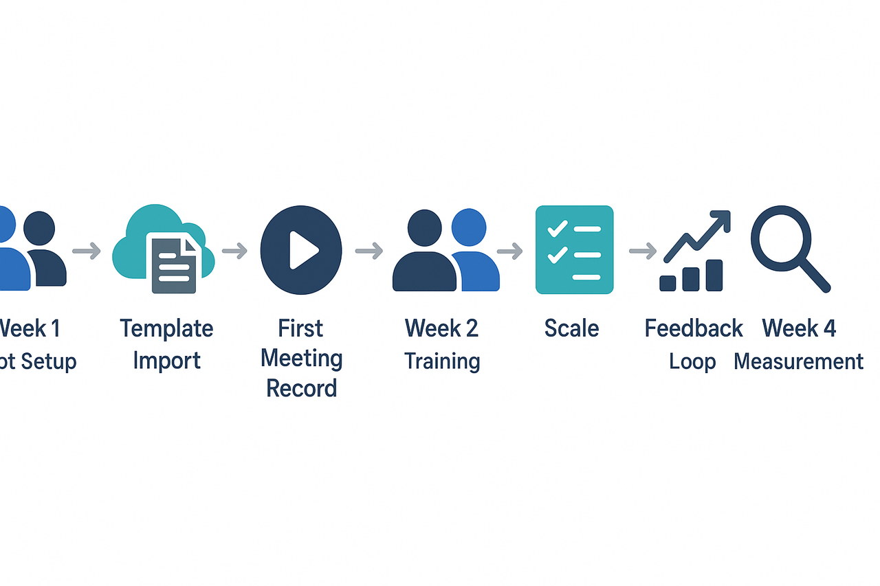 Seven-step 30-day rollout schematic showing pilot setup, template import, training, scaling, and measurement across Weeks 1 to 4.