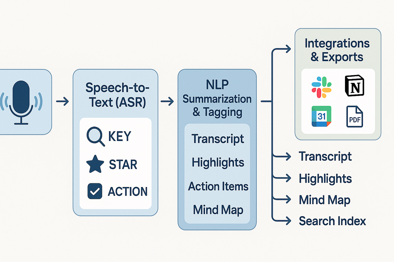 Workflow diagram: audio input to speech-to-text to NLP summarization, producing transcript, highlights, action items, mind map, and integrations.