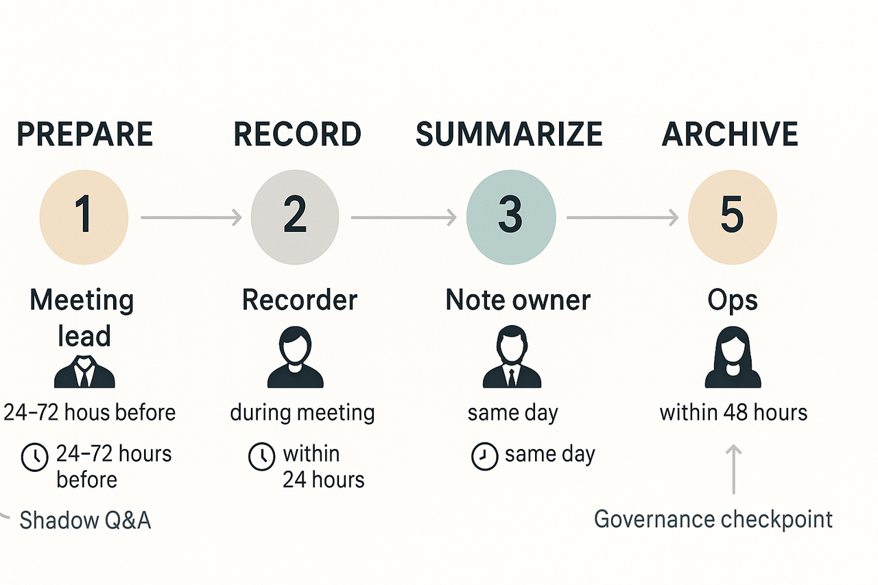 Step-by-step process schematic: prepare, record, summarize, assign, archive with owner and timing annotations.