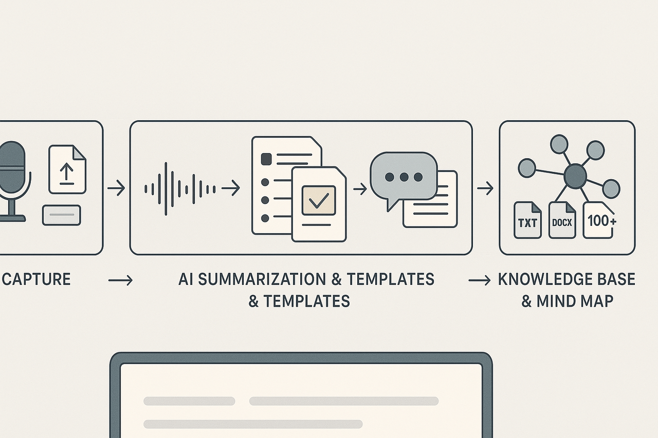 A five-step horizontal workflow showing how TicNote processes meetings: from capture and transcription to AI summary, interactive Q&A, and a knowledge base shown as a mind map with export options.