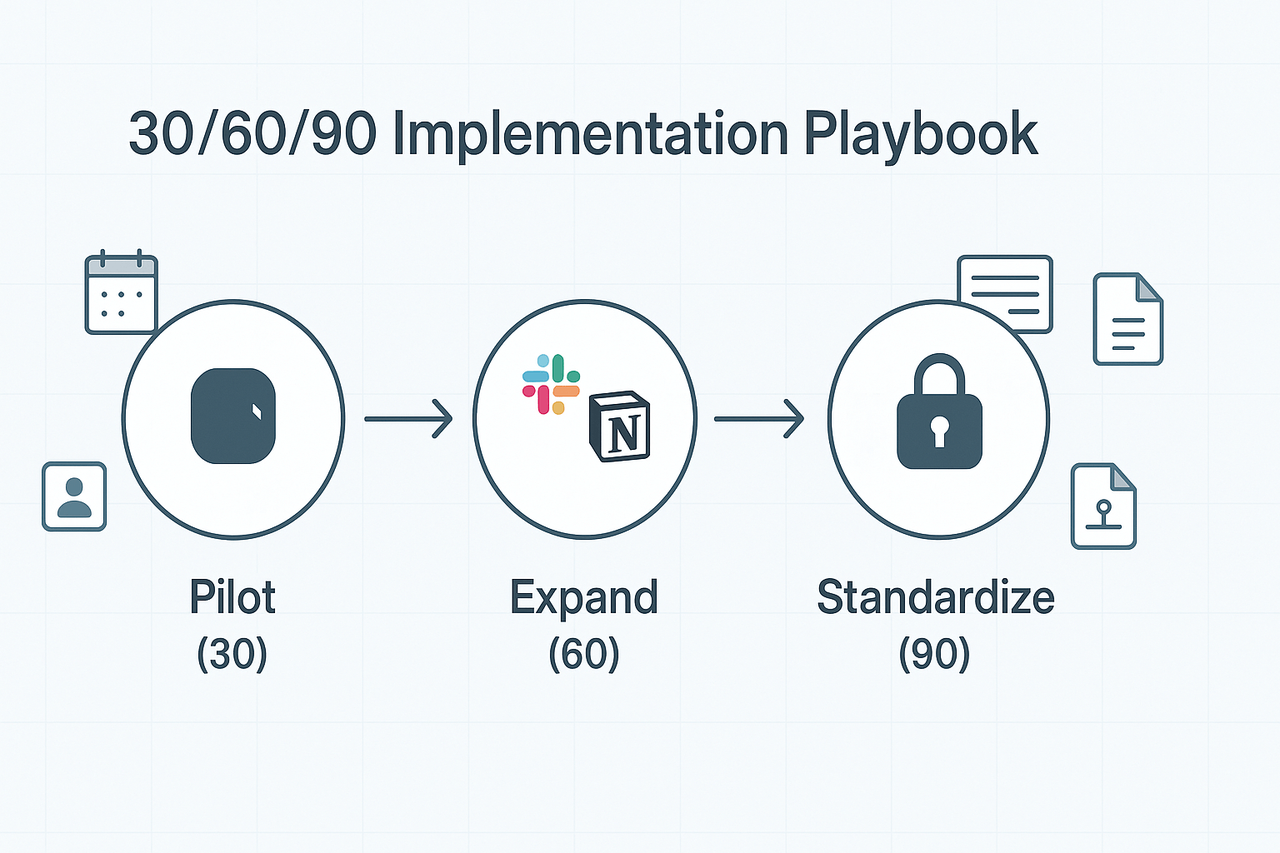 Visual roadmap showing TicNote Cloud implementation: three phases—Pilot, Expand, Standardize—with icons for meetings, integrations, exports, and adoption tools.