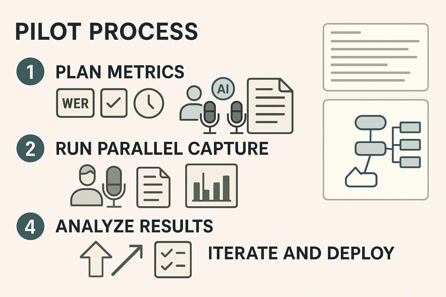 Numbered pilot process schematic: plan metrics, run parallel human and AI capture, analyze WER and action-item recall, iterate and deploy with mind map and cross-file Q&A visuals.