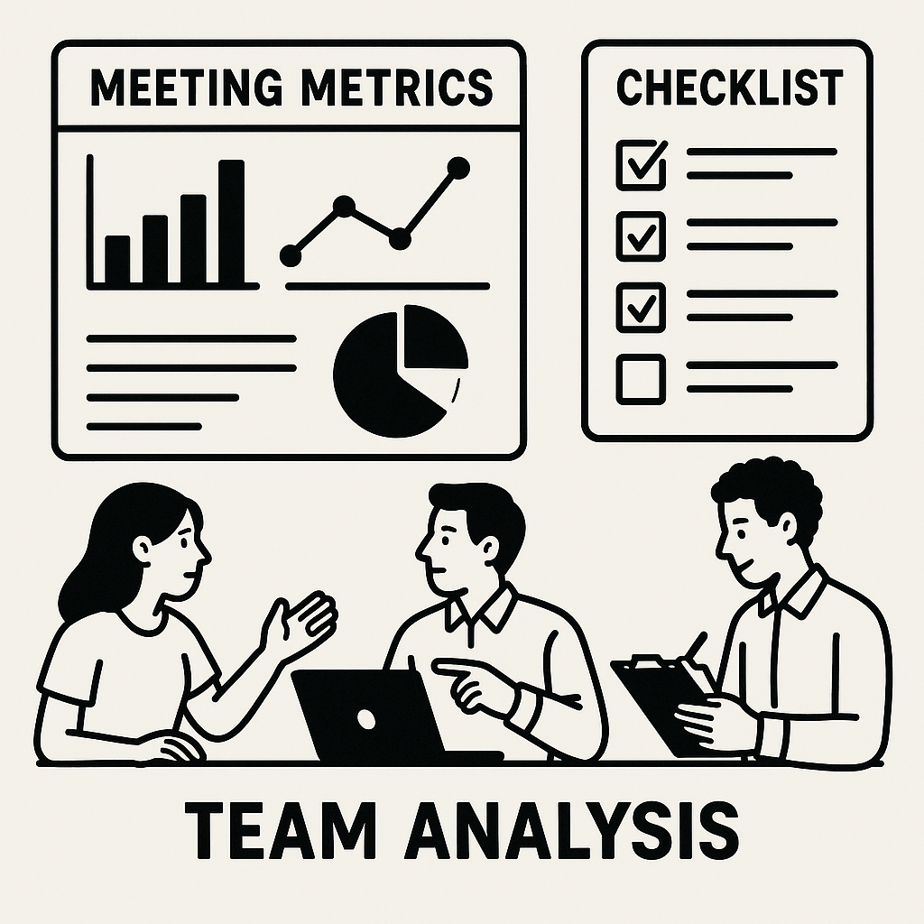 Illustration of a team reviewing performance dashboards and KPIs from recent meetings