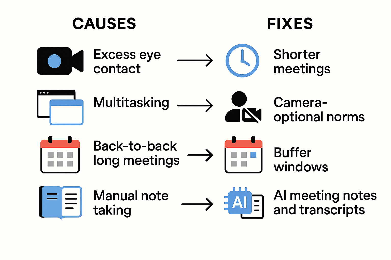 Infographic mapping four causes of virtual meeting fatigue to four practical fixes, with icons and arrows in a clean 4:3 layout.