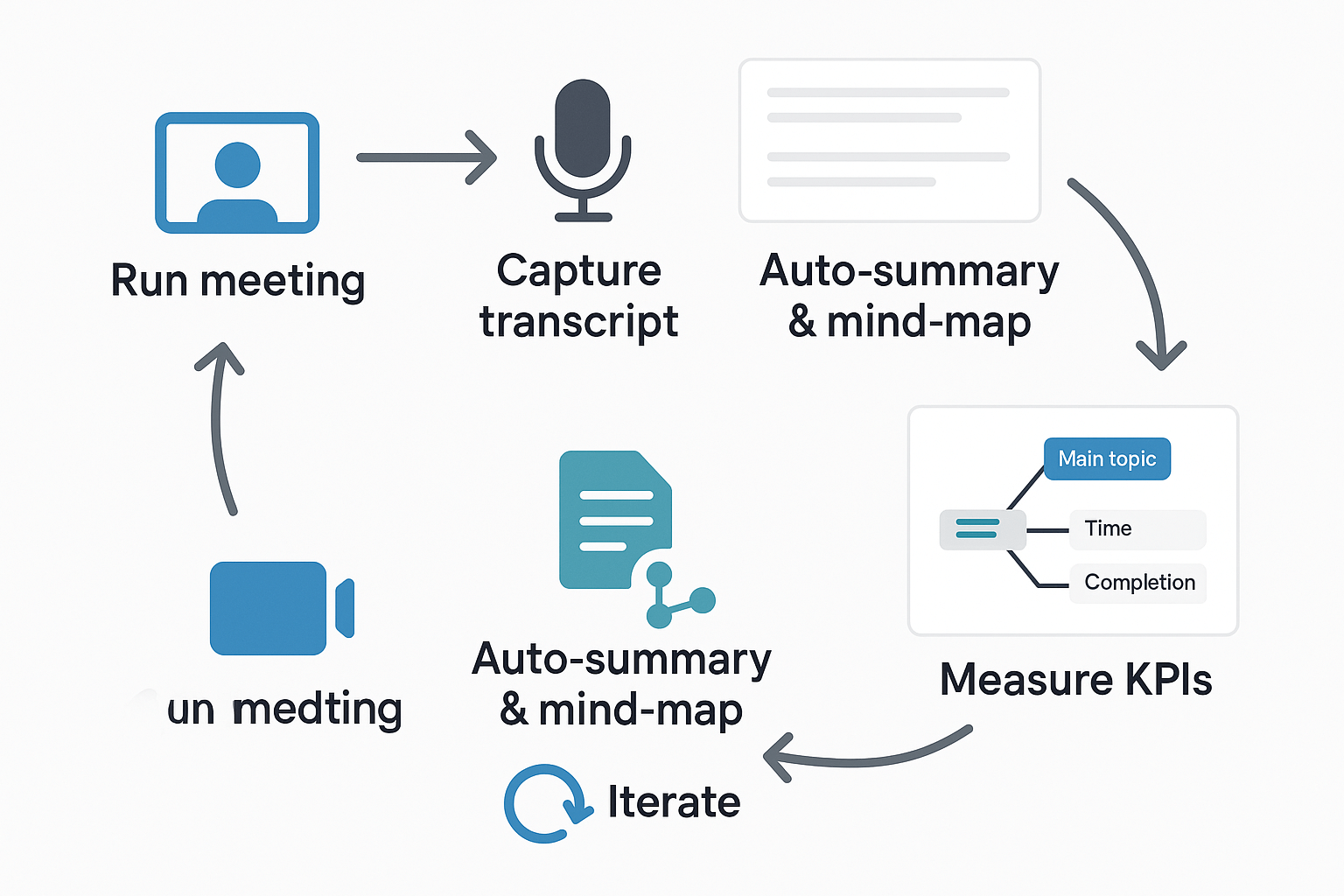 Schematic feedback loop: run meeting, capture transcript, auto-summary and mind-map, measure KPIs, then iterate.