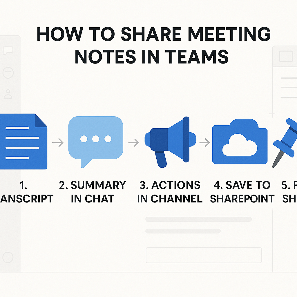 A five-step infographic showing the flow of sharing meeting notes in Teams: transcript, chat summary, channel post, SharePoint file, and pinned message. Includes icons and arrows in a modern flat style.