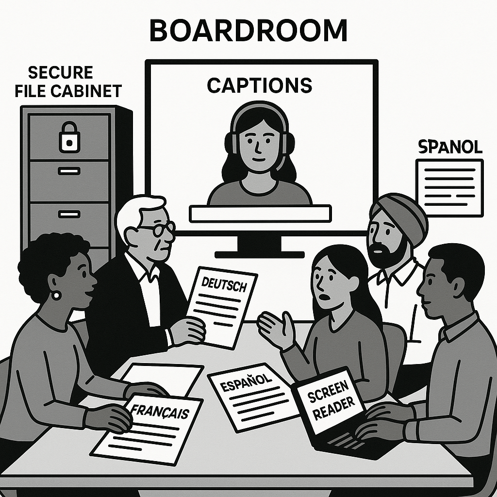 Illustration of a compliant board meeting with diverse participants, multilingual content, and secure document storage.