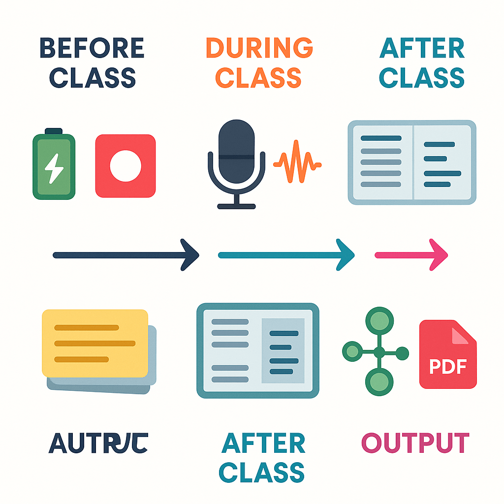 Infographic with four sections showing an academic note-taking workflow: pre-class setup, live audio recording, post-class transcript editing, and generation of study materials like flashcards and mind maps.