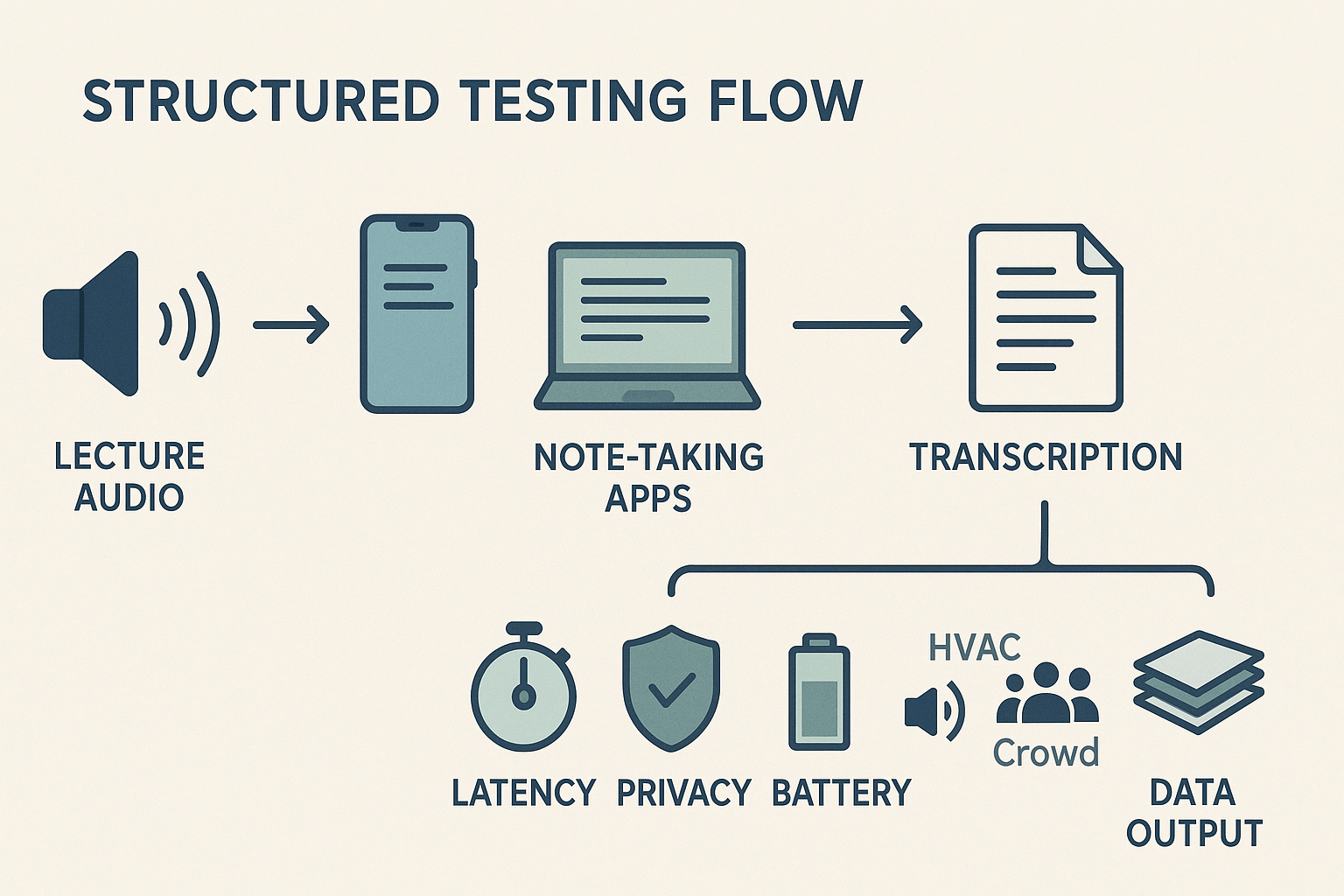 Infographic showing flow of the app testing process: lecture recordings sent to various devices, apps generate transcripts, which are then analyzed for accuracy, latency, battery, privacy, and noise resilience.