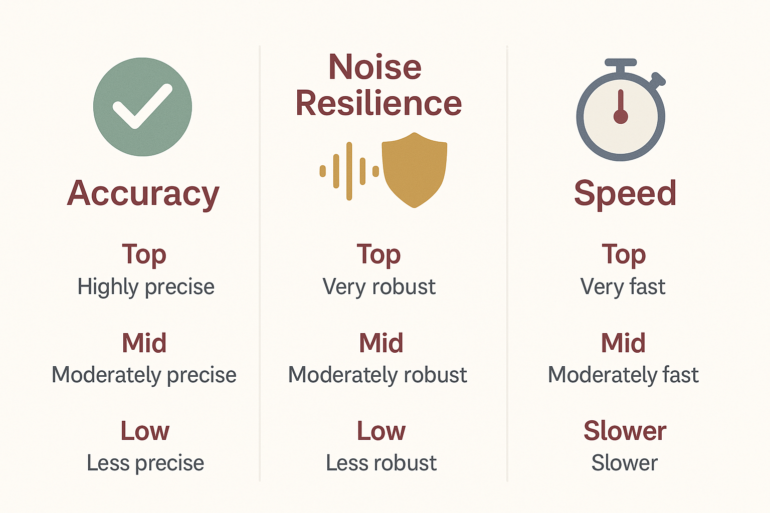 Infographic showing three columns: Accuracy, Noise Resilience, and Speed, each with top, mid, and low tiers and simple icons