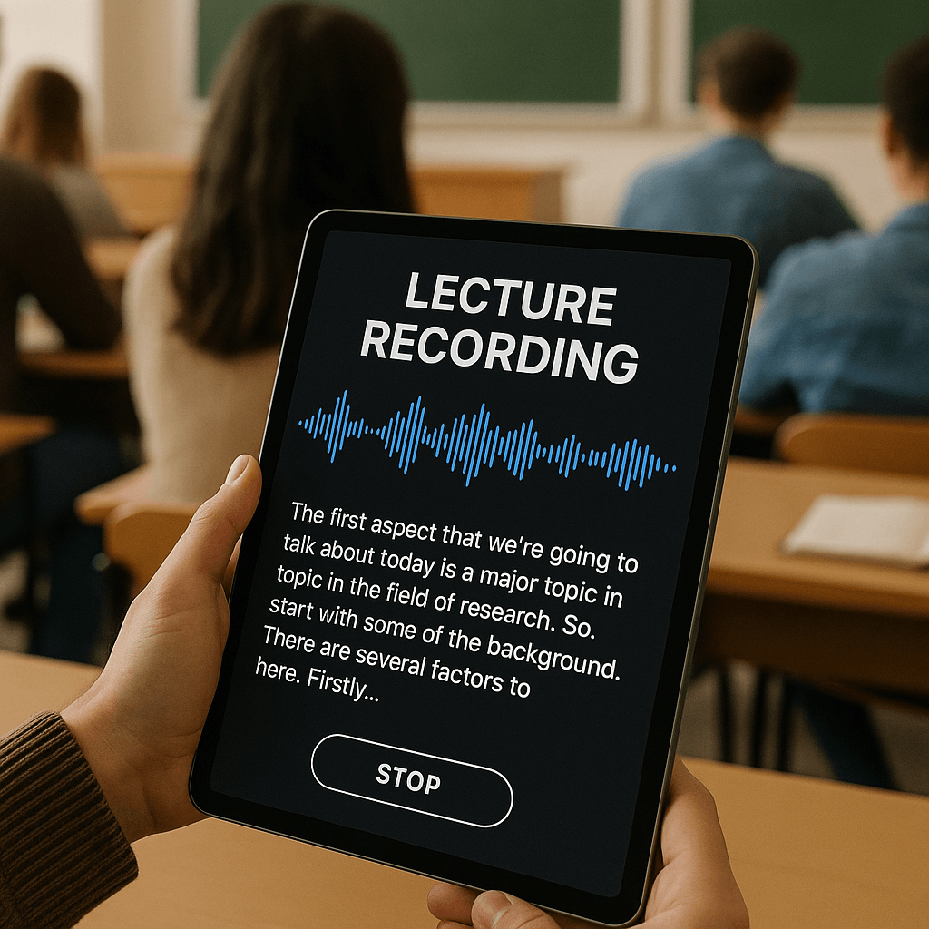 Student recording a lecture on a tablet, showing real-time transcription and sound waves